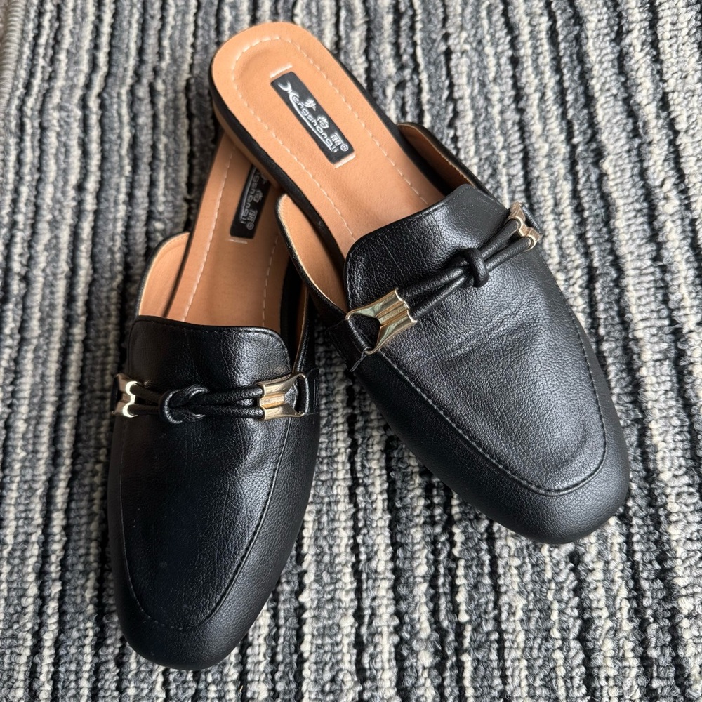 Madewell Black Leather Mules with Gold Accents